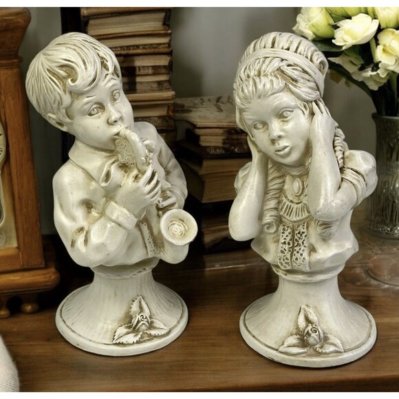 Kendrick Universal Statuary Co Saxophone Boy & Girl Bust Statues 1971 Home Decor - Picture 1 of 14